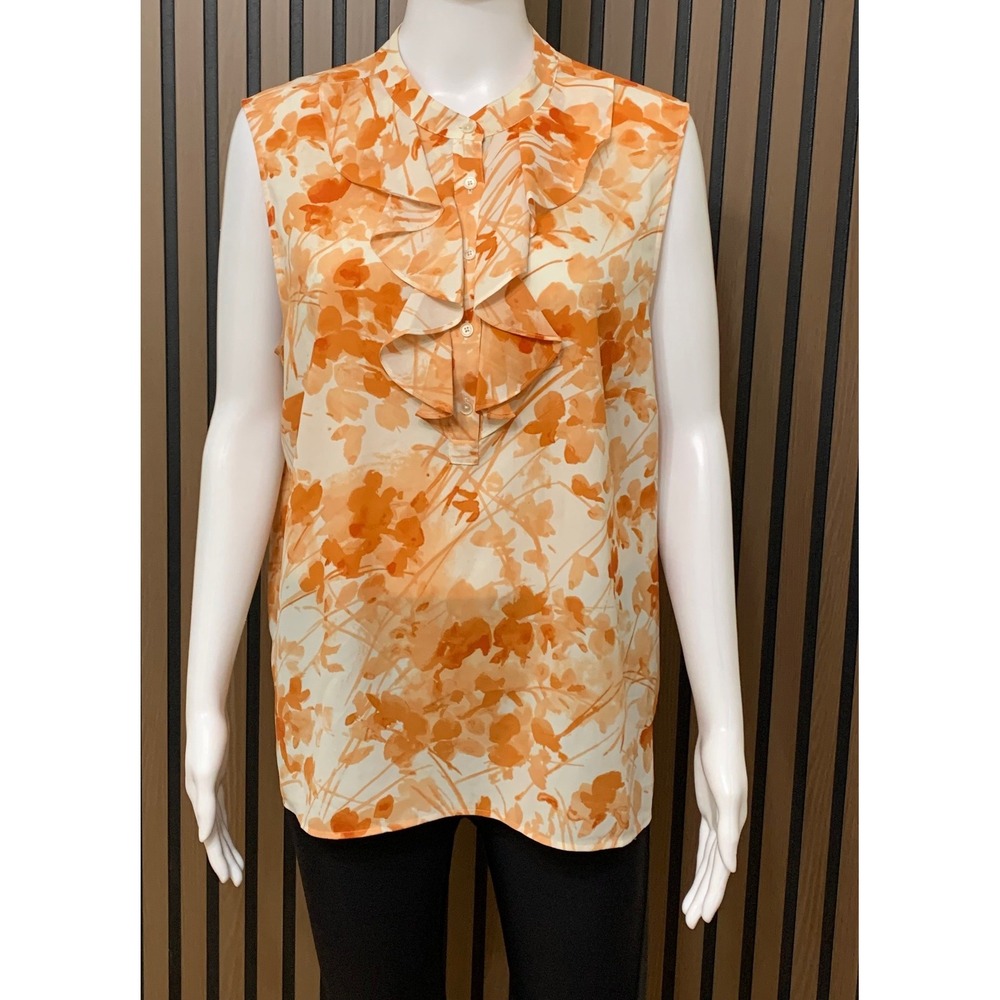 Talbots Women's 16 Orange Floral Ruffle Button Front Sleeveless Blouse Top